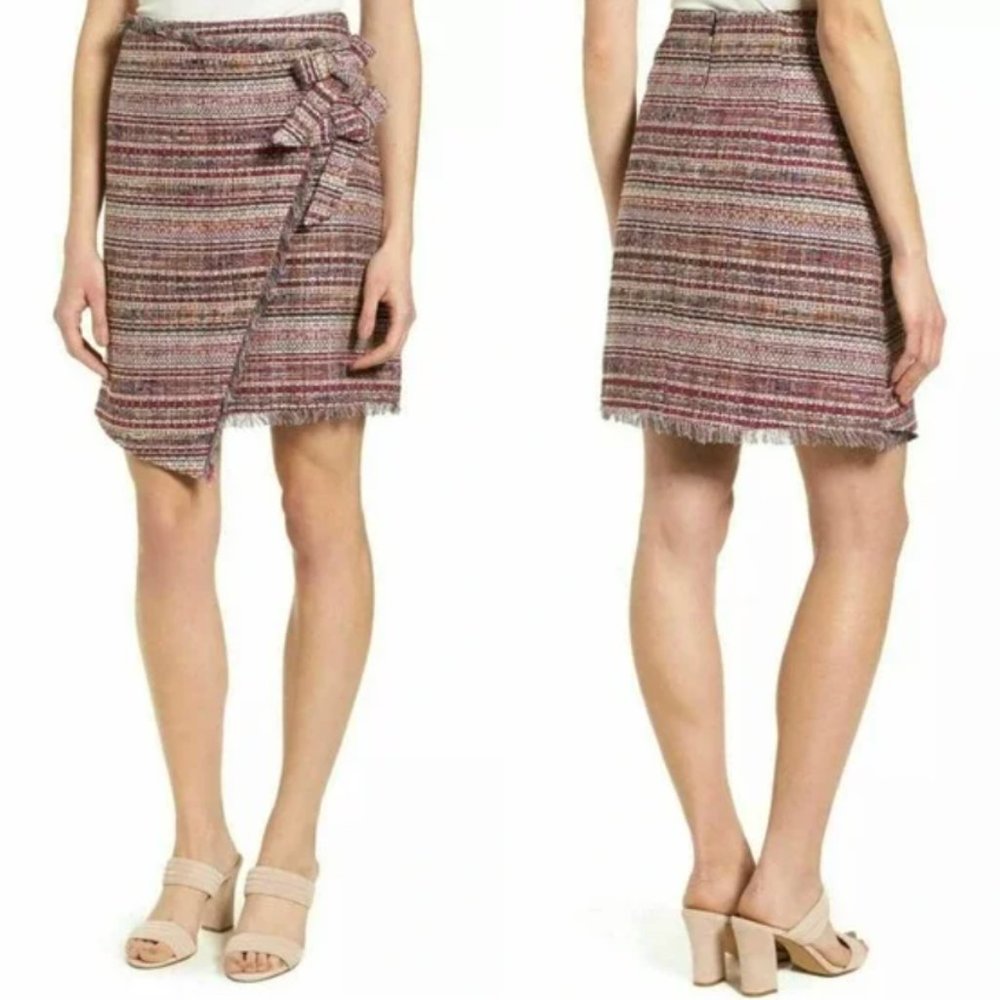 Halogen Asymmetrical Grommet Tie Multicolor Pink Tweed Skirt